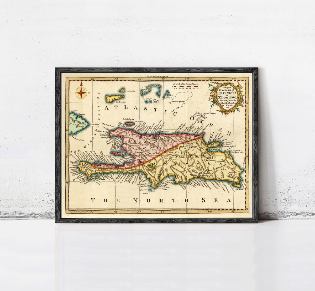 The image is a framed vintage map of the Caribbean Sea, including the island of Cuba, with a focus on the North Sea.