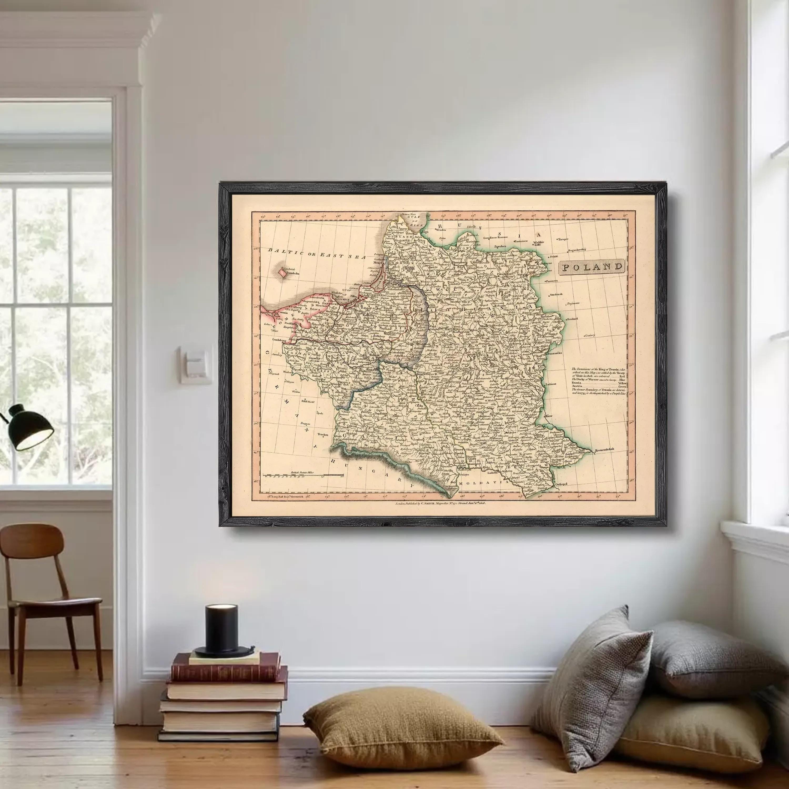 The image is a framed map of Poland, depicting the country's geographical layout and boundaries.
