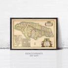 The image is a framed vintage map of Jamaica, featuring detailed cartography and a decorative border.