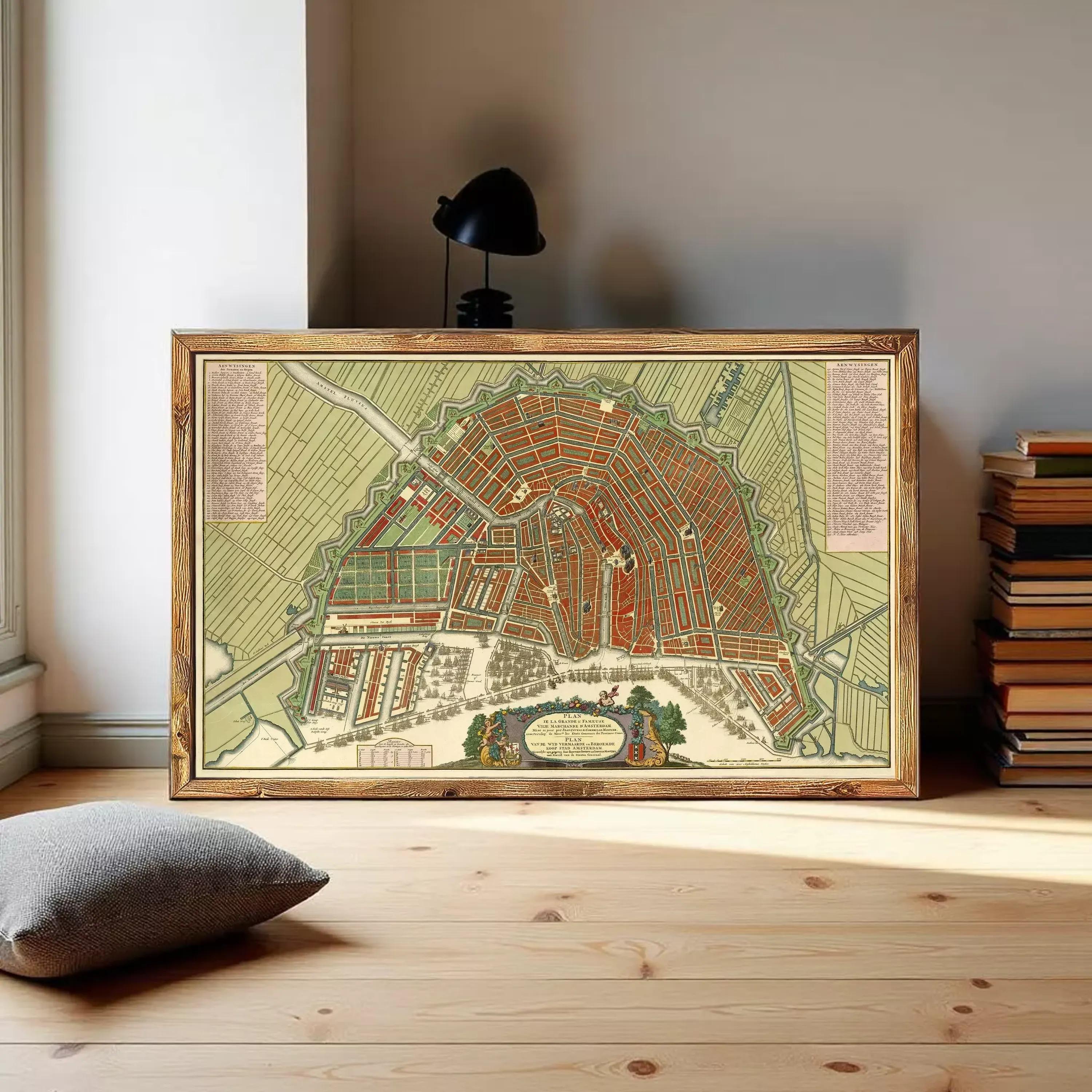 The image is a framed map of a city, depicting a detailed layout of streets, buildings, and other urban features.