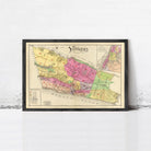 The image is a framed vintage map of New York, depicting the city in a colorful and detailed manner.