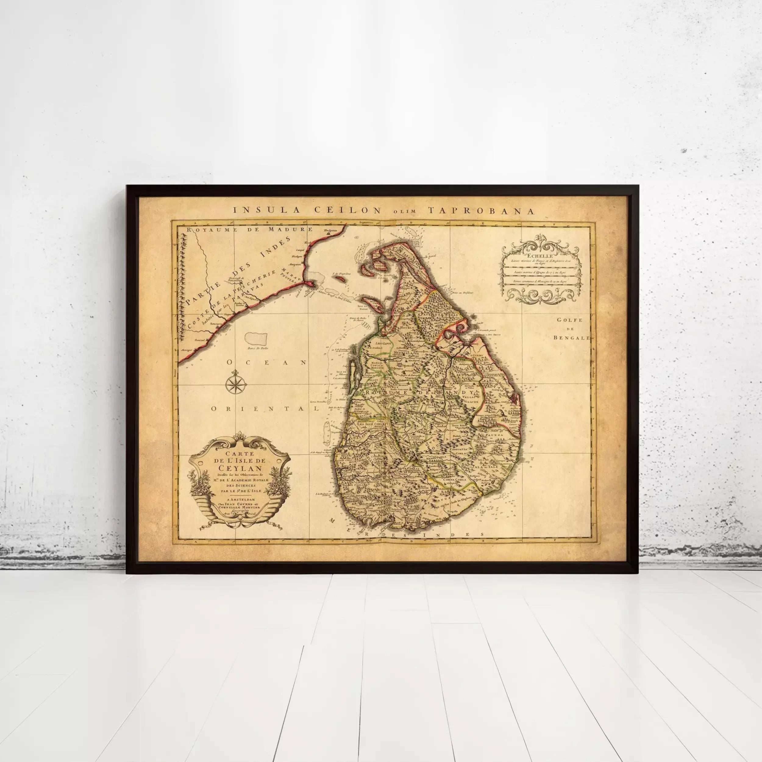 The image is a framed vintage map of Sri Lanka, depicting the country's geographical layout and boundaries.