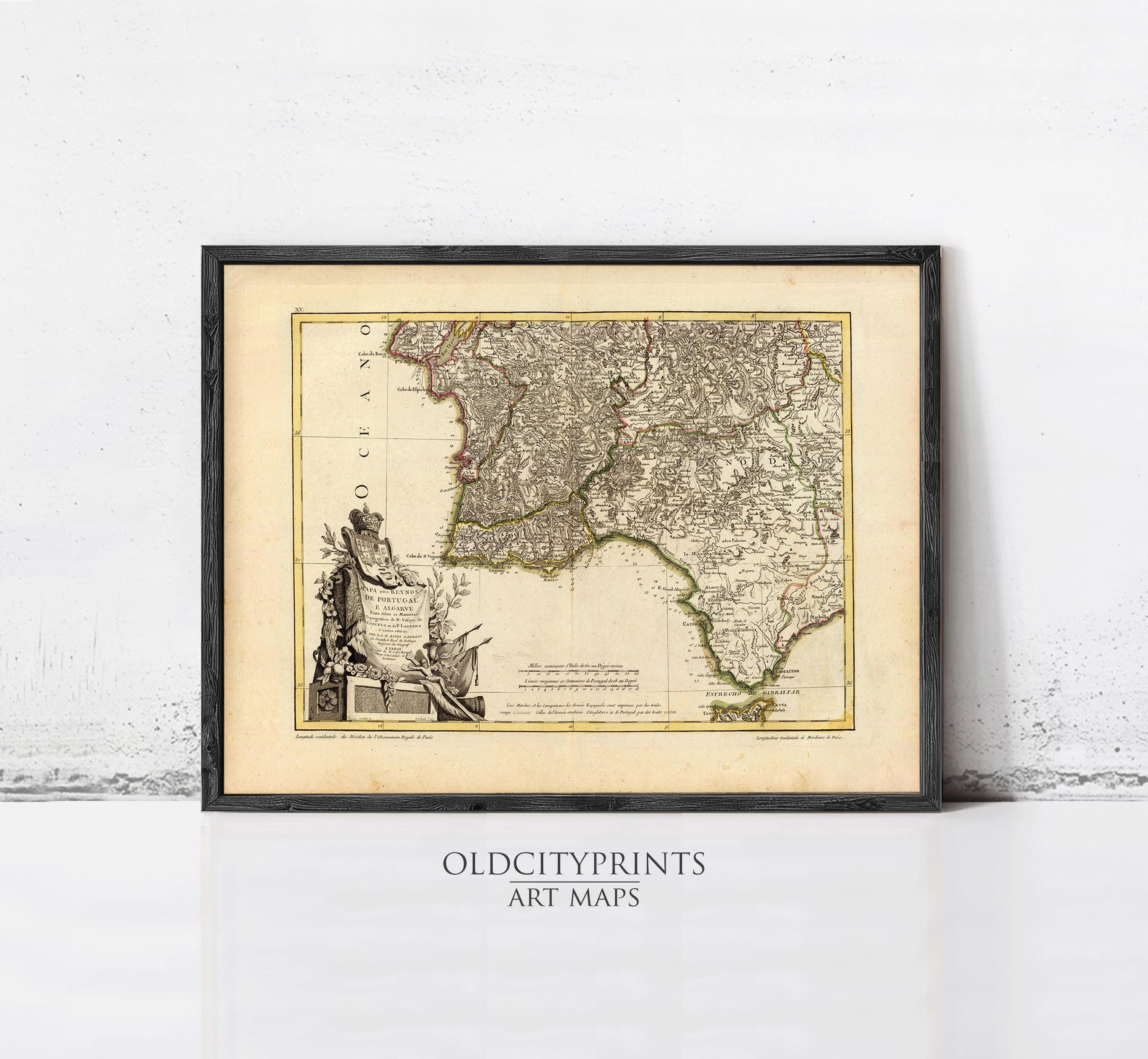 The image is a framed antique map of the Iberian Peninsula, featuring detailed geographical information and a decorative border.