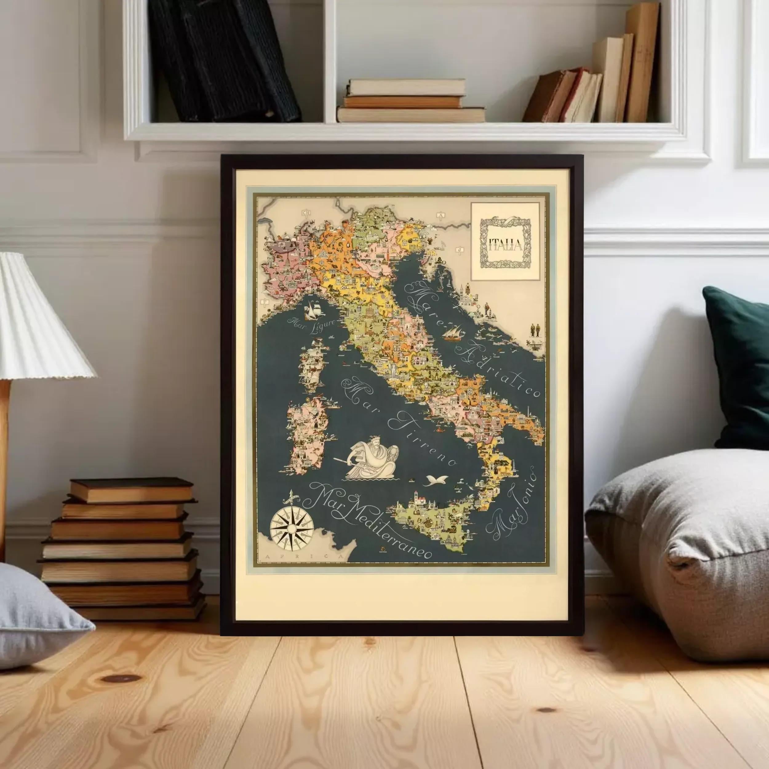 The image is a framed map of Italy, featuring a detailed illustration of the country's geography and various landmarks.