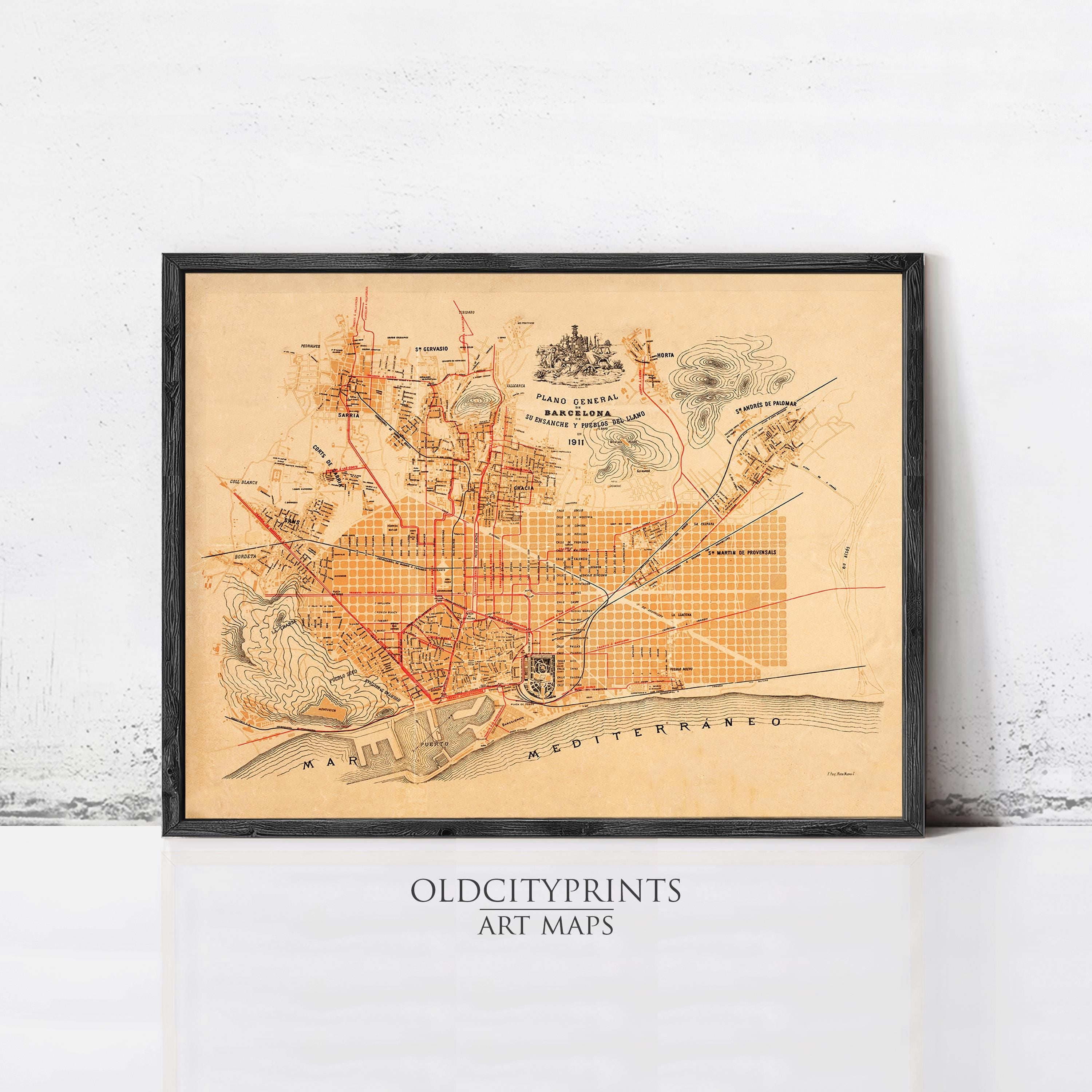 The image is a framed art print depicting a map of a city, with various landmarks and streets labeled.
