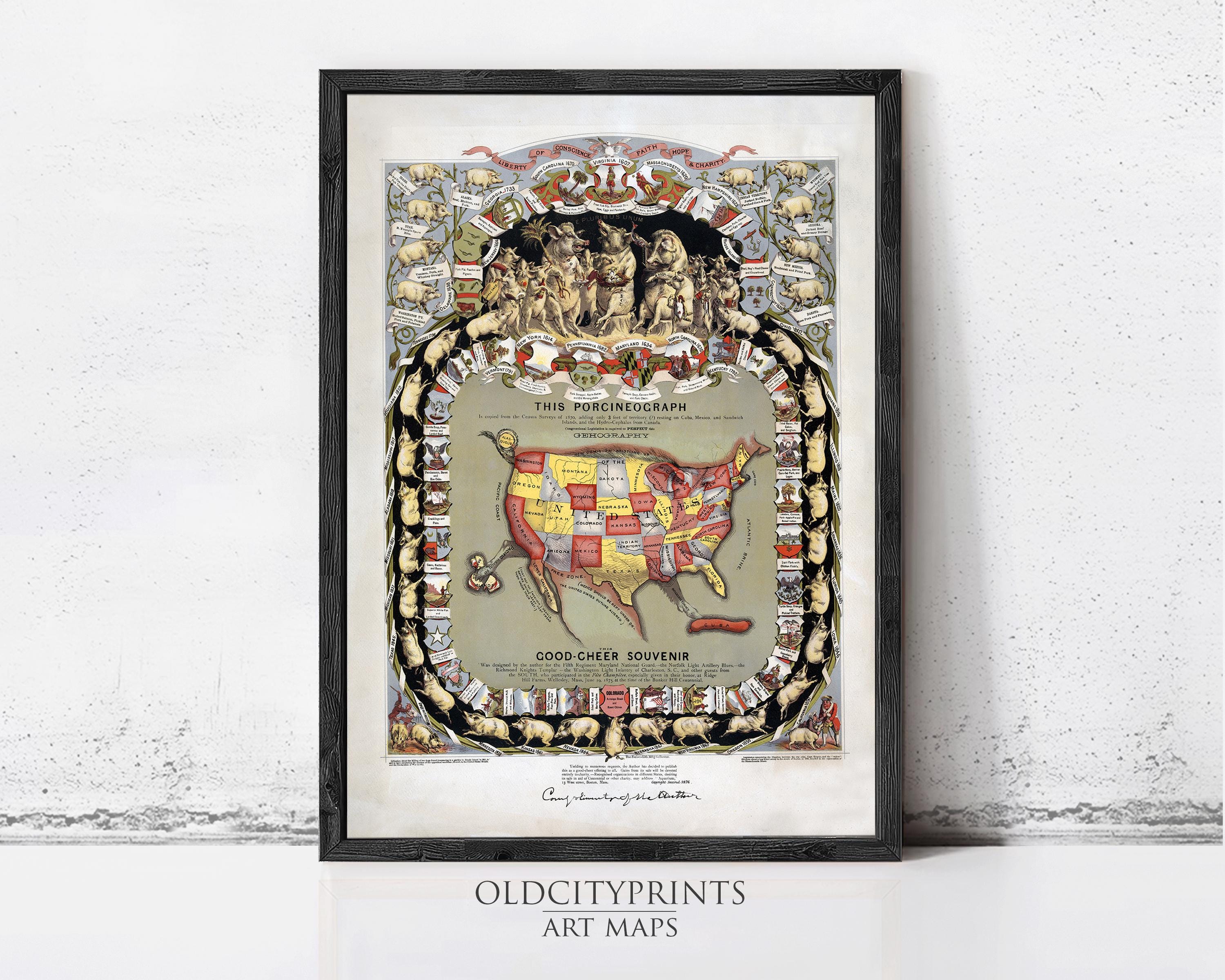 The image is a framed art print depicting a map of the United States with various decorative elements surrounding it.