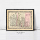 The image is a framed vintage map of Detroit, Michigan, depicting the city's streets and landmarks.