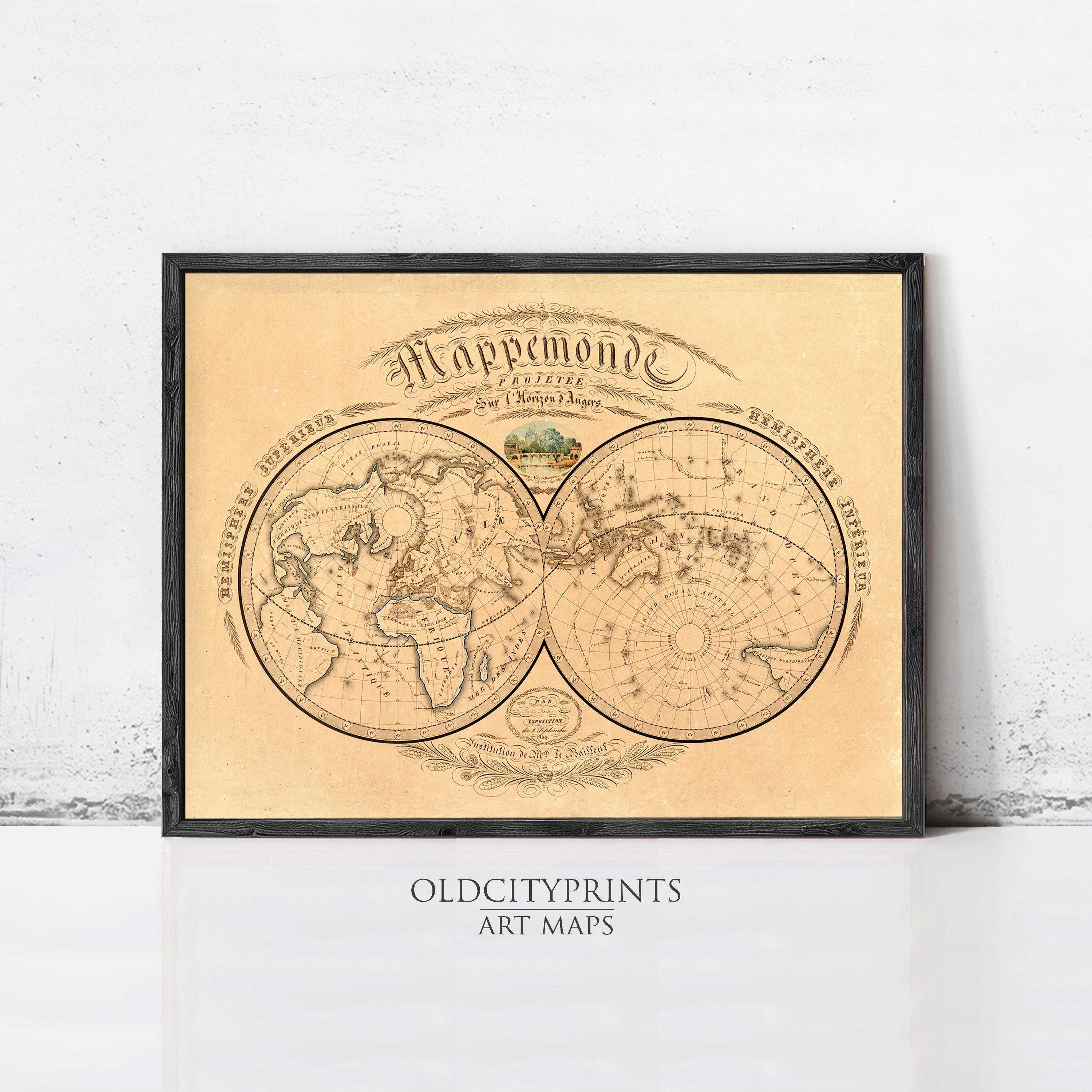The image is a framed vintage map of the world, featuring intricate details and a decorative border.
