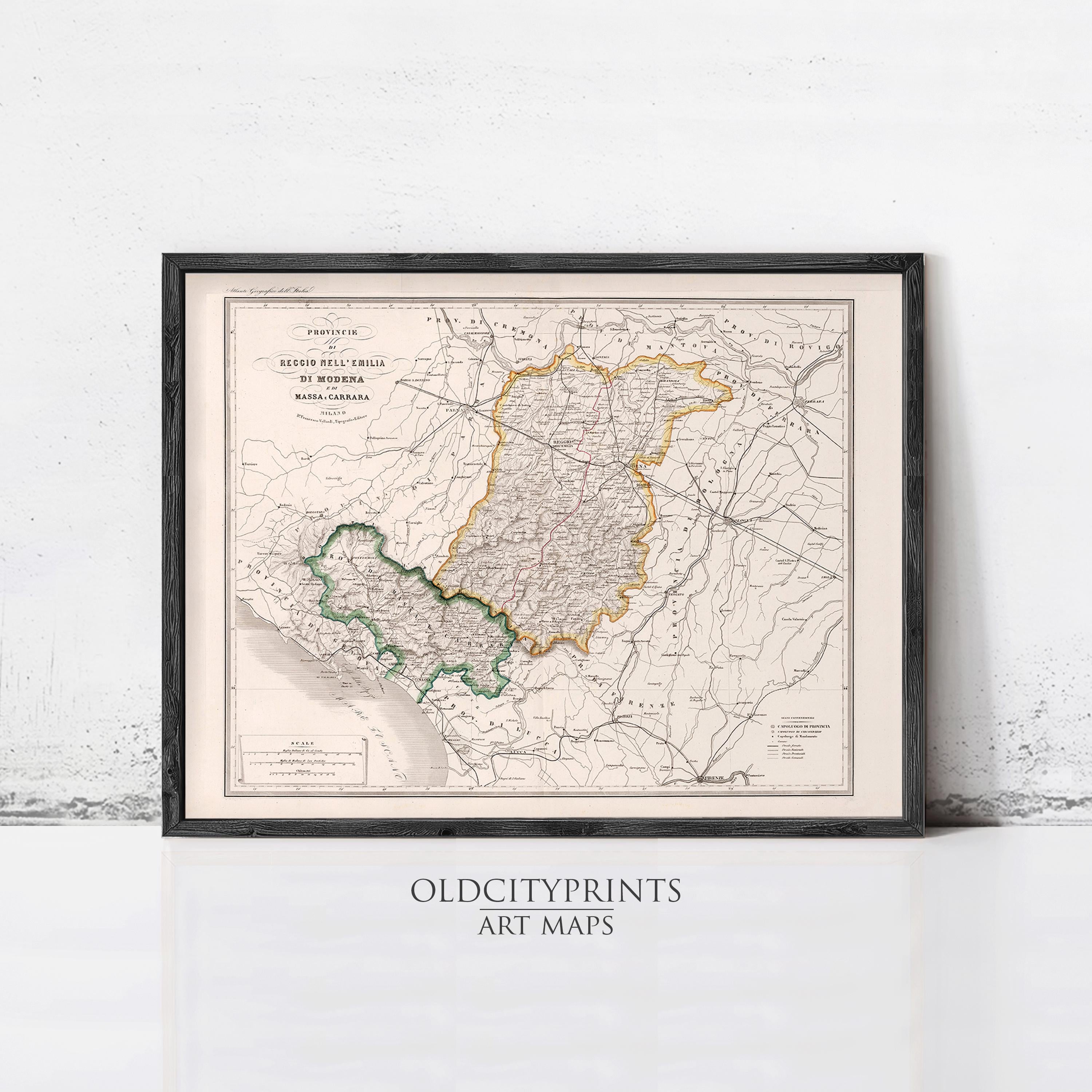 The image is a framed vintage map of a region, likely a map of a country or region, displayed on a wall.
