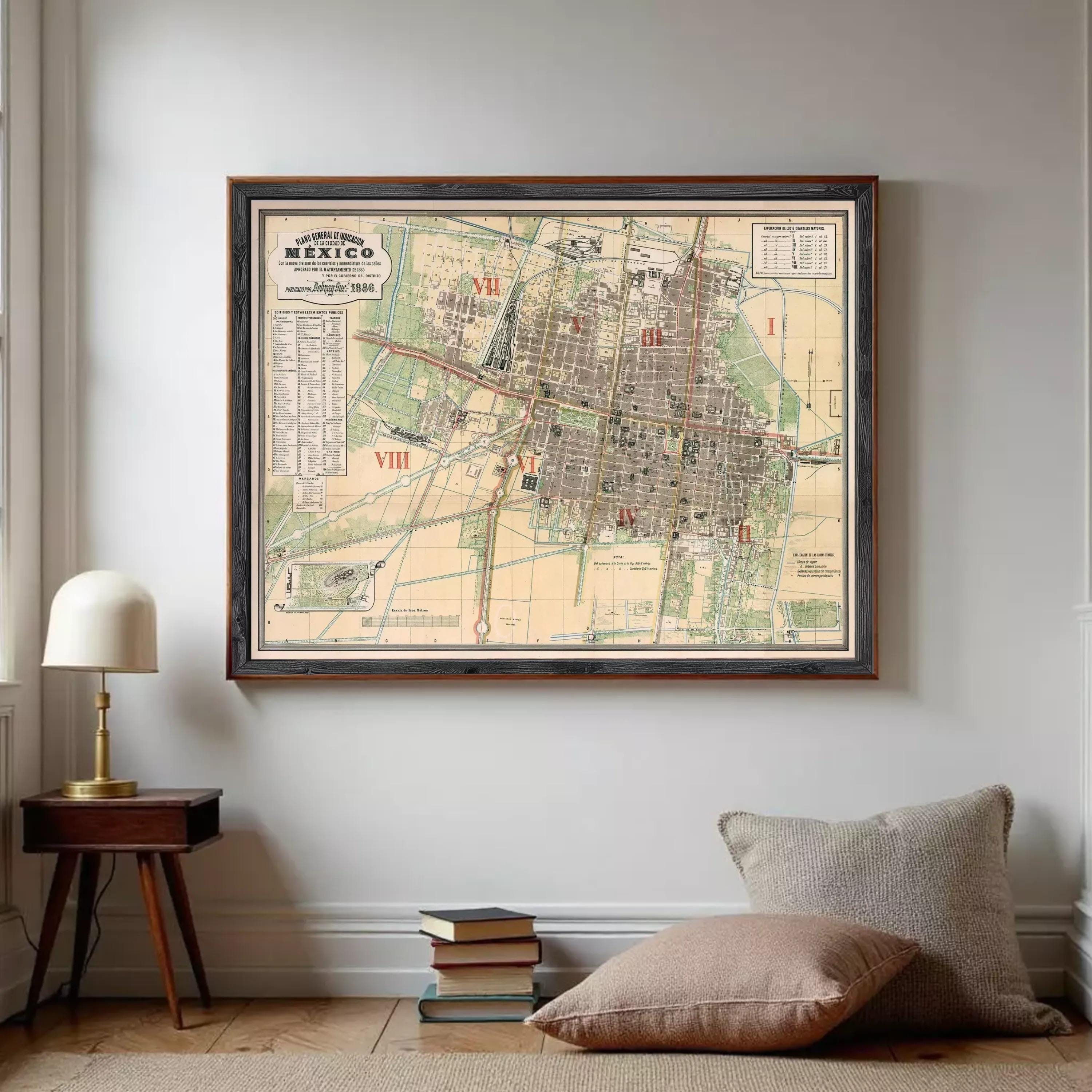 The image is a framed map of Mexico, showing the city layout and various landmarks.
