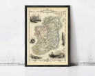 The image is a framed vintage map of Ireland, featuring various landmarks and geographical details.
