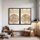 two framed maps of the world, with text in both English and Chinese.