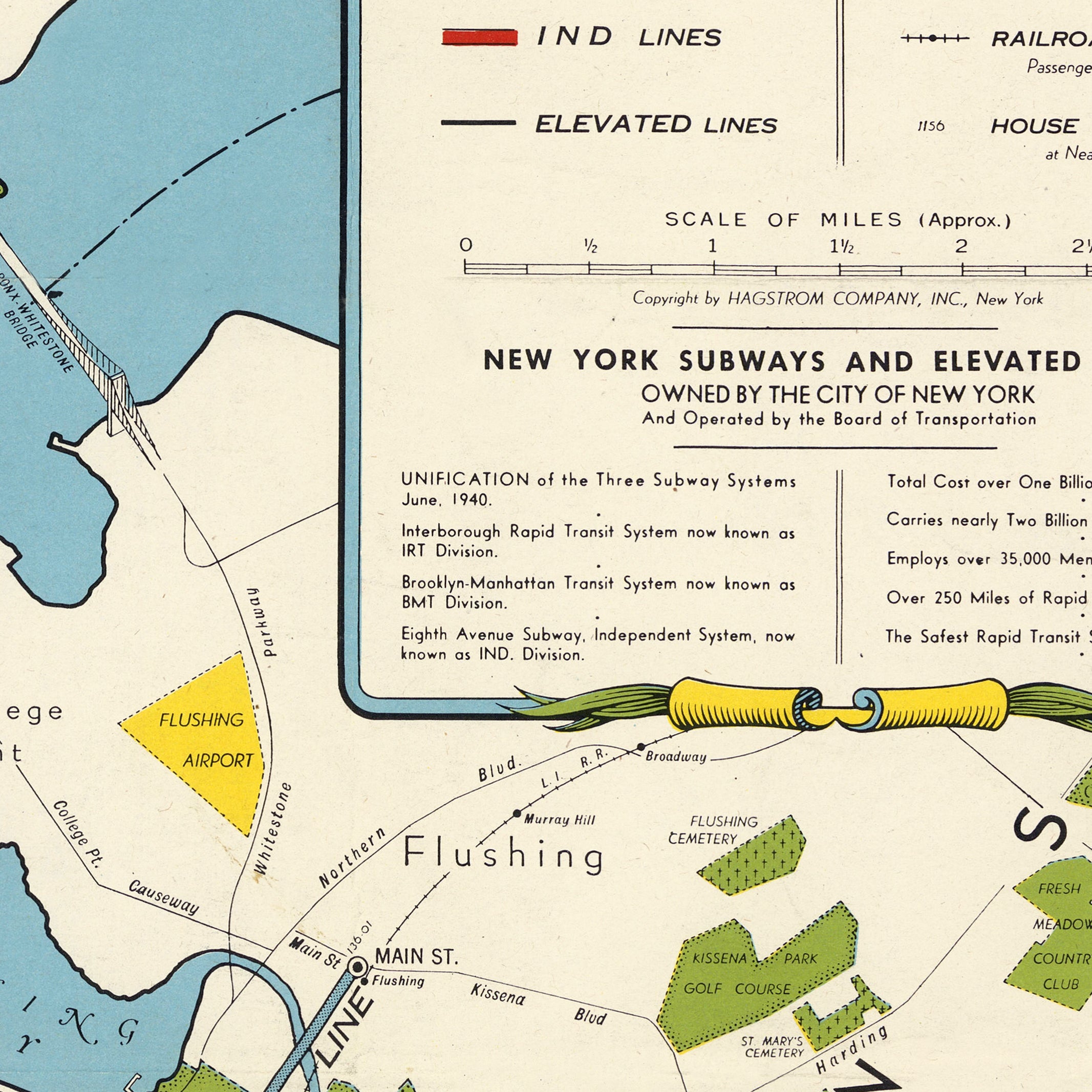 The image is a vintage map of New York, showing the location of various subway systems and elevated lines.