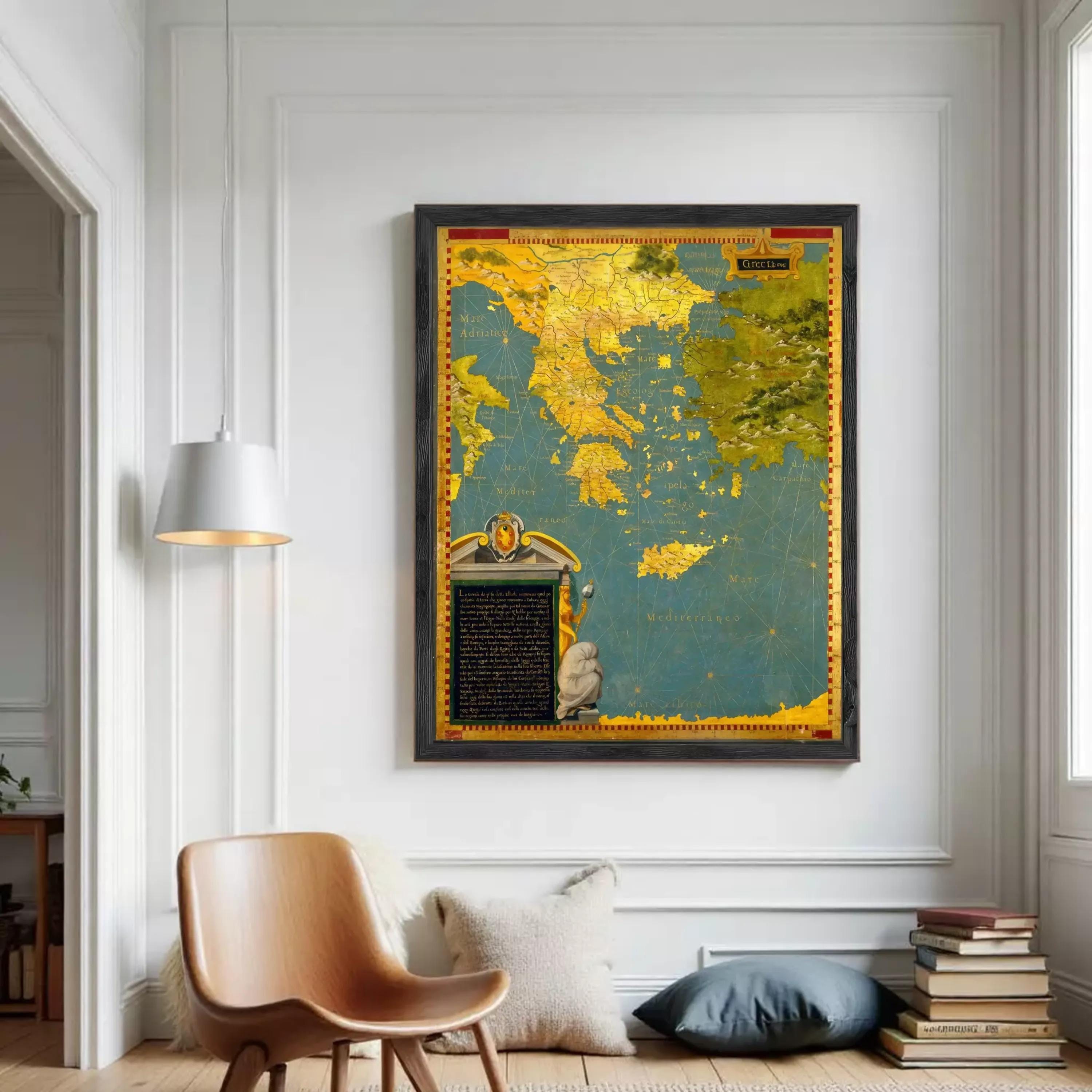 The image is a framed map of Greece, with a detailed and colorful depiction of the country's geography and surrounding areas.
