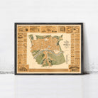 The image is a framed vintage map of a city, likely from the 19th century, with various landmarks and streets labeled.