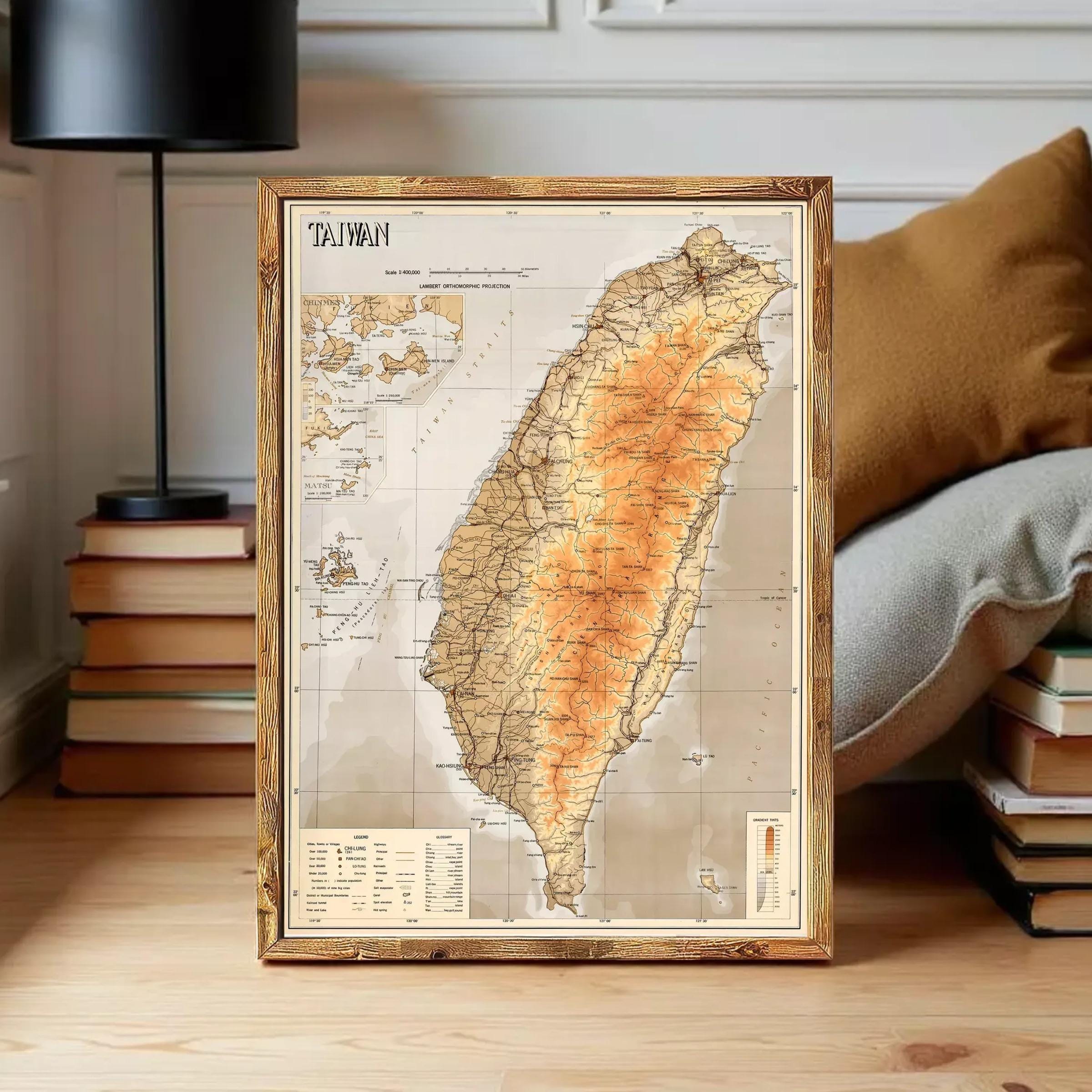 The image is a framed map of Taiwan, depicting the country's geographical layout and surrounding areas.