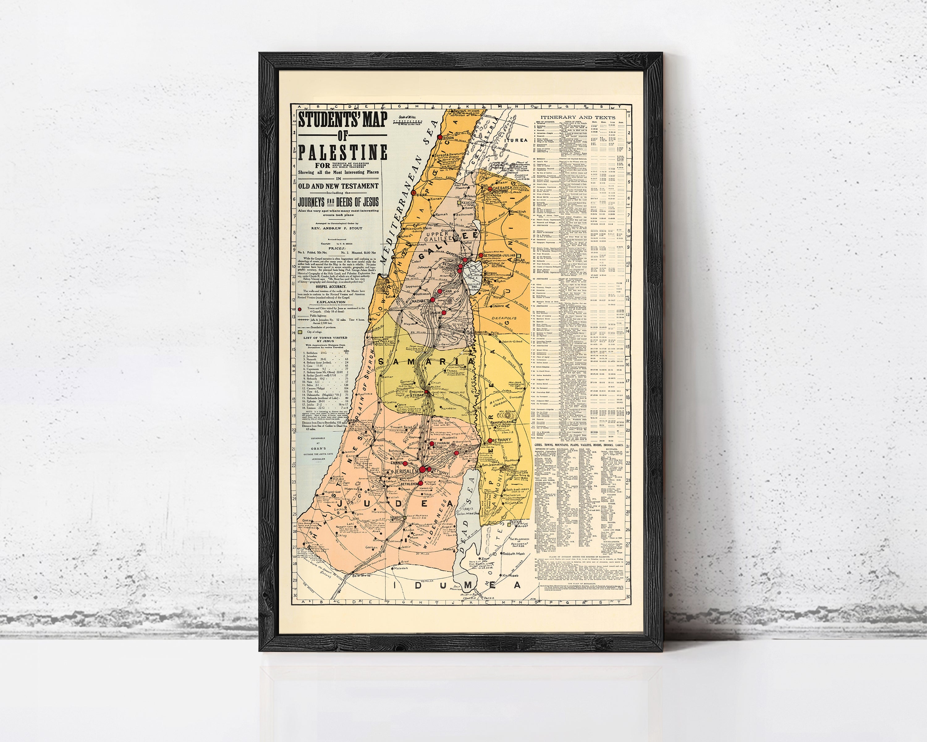 The image is a framed vintage map of the Middle East, specifically focusing on the region of Palestine.