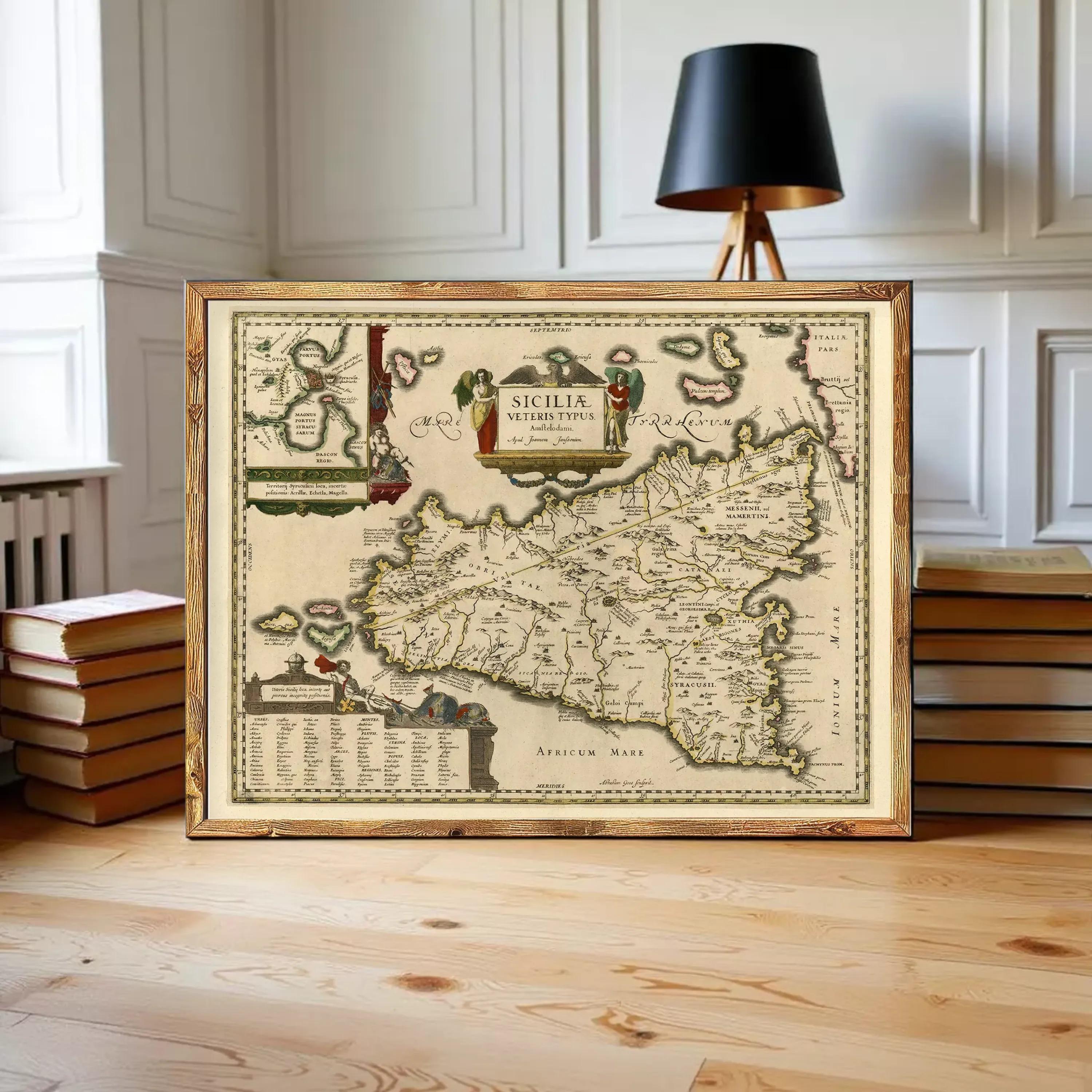 a framed map of Sicily, Italy, with a black lamp in the background.